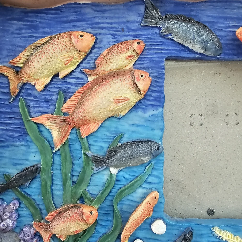 Vintage 3D Tropical Fish Coral Reef Picture Frame - Coastal Kitsch Nautical Deco